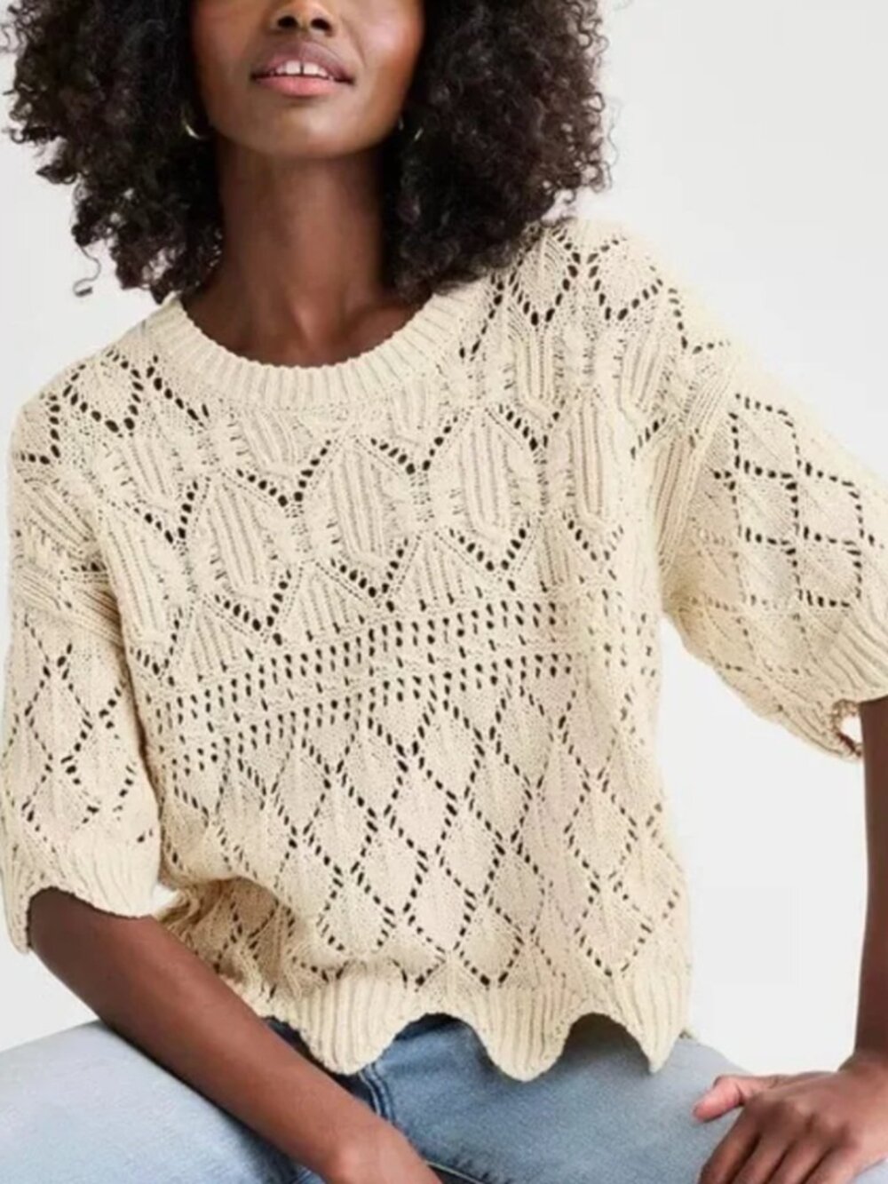 Splendid Short Sleeve Natural‎ Beige Crochet Knit Scalloped Sweater Size Medium